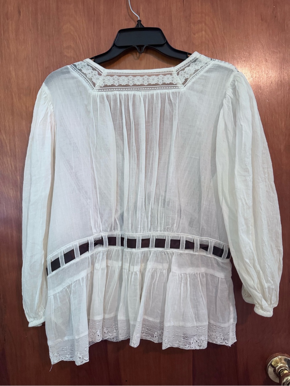 Free People White Lace-Trim Peasant Blouse with Black Ribbon - Picture 2 of 4